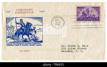 Albuquerque, New Mexiko, USA - 7. September 1940: Uns historische Umschlag: Abdeckung mit Gütesiegel Coronado Expedition 1540, Briefmarke, Stempel Stockfoto