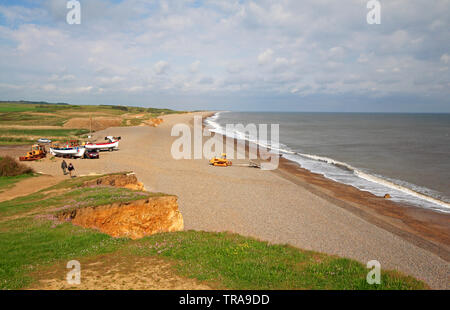 Ein Blick auf die Klippen und das Norfolk Coast Path führt zum Strand in North Norfolk in Weybourne, Norfolk, England, Vereinigtes Königreich, Europa. Stockfoto