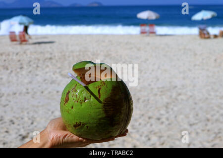 Frische junge Kokosnuss an Hand des Menschen mit verschwommenen Sonne Strand im Hintergrund Stockfoto