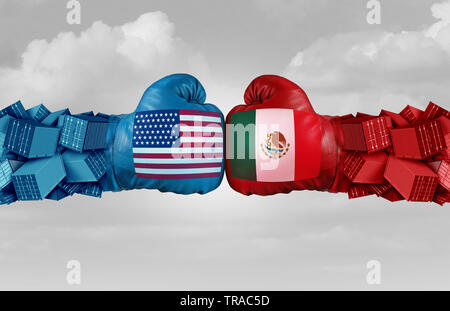 Mexiko USA oder United States Trade und amerikanischen Zölle auf die mexikanische Wirtschaft Konflikt mit zwei gegenüberliegenden Handelspartner als wirtschaftliche importieren. Stockfoto