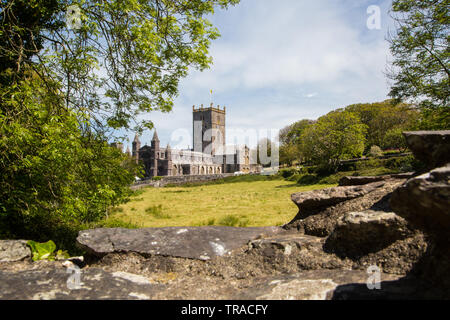 St Davids Cathedral in Pembrokeshire, von St David Patron von Wales der Kathedrale ein Ort der Anbetung für über 800 Jahre gebaut. Stockfoto