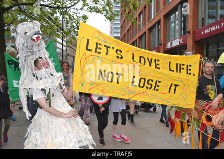 Ein 'Karneval der Tiere' Parade gegen den Klimawandel zu protestieren und Lobbying für die globale Erwärmung zu stoppen, kommt in Piccadilly, Manchester, Großbritannien, am 1. Juni 2019. Die Parade wurde von der Familie Climate Action Group organisierte bis steigend! Manchester Familien zu sensibilisieren und zu verlangen, daß Maßnahmen ergriffen werden, um die Natur zu schützen. Die Gruppe eingeladen Familien zu Manchester Art Gallery während der Herbstferien an Props für den Karneval. Stockfoto