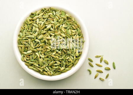 Fenchel Samen in Weiß Schüssel auf weißem Hintergrund, Ansicht von oben Stockfoto