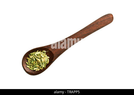 Fenchel Samen in hölzernen Löffel auf weißem Hintergrund, saunf Stockfoto