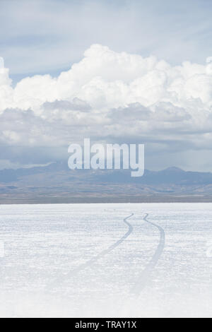 Leere Flächen mit Reflexionen auf dem Salar de Uyuni, tagsüber Stockfoto