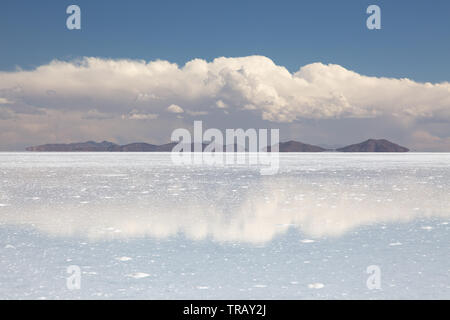 Leere Flächen mit Reflexionen auf dem Salar de Uyuni, tagsüber Stockfoto