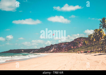 Gleitschirmfliegen in den Himmel. Gleitschirm über den Strand in hellen, sonnigen Tag fliegen in Coqueirinho's Beach, Brasilien Stockfoto