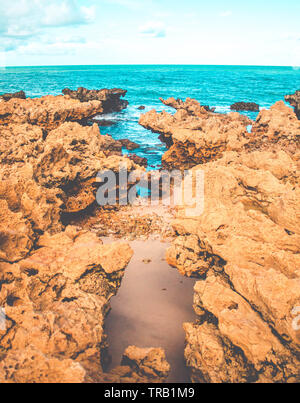 Meer Wellen schlagen Felsen am Strand in Coqueirinho, Paraiba, Brasilien. Reinigen Sie die Felsen am Strand Stockfoto