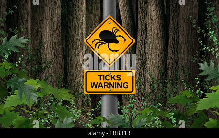 Tick Parasit Warnung als Schilder oder Gefahr Zeichen als eine beängstigende Krankheit carrier Bug milbe als Risiko für Lyme Krankheit in freier Wildbahn. Stockfoto