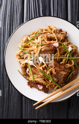 Beef Chow Fun Nudeln (Pan-Fried Ho Fun) kantonesische Gerichte Nahaufnahme auf die Platte auf dem Holztisch. Vertikal oben Ansicht von oben Stockfoto