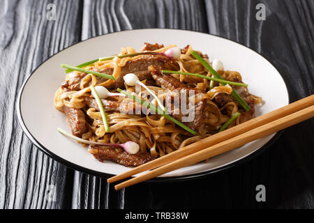 Beef Chow Fun ist ein beliebter Chinesisch (Kantonesisch) Nudelgericht mit extra breiten Reisnudeln, gesüsst Sesamöl Sojasoße Nahaufnahme auf die Platte auf der Holz- Stockfoto