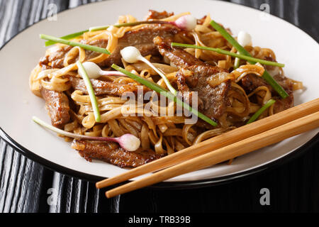 Klassische kantonesische Beef Chow Fun Nudeln Nahaufnahme auf die Platte auf dem hölzernen Tisch. Horizontale Stockfoto