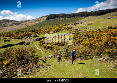 Irland, Co Louth, Halbinsel Cooley, Rooskey, Besucher, die steile Steigung in verlassenen vor hungersnot Bergdorf oberhalb Carlingford Lough Stockfoto