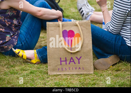 Besucher entspannt auf dem Rasen an Hay Festival Heu Wye Powys Wales UK Stockfoto