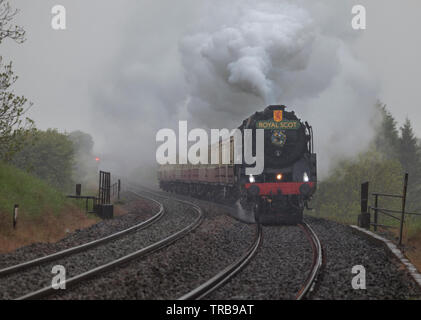 Dampflok 70000 Britannia vorbei Horton In Ribblesdale auf der Carlisle railway siedeln sich in starker Regen mit einem Saphos Railtour Stockfoto