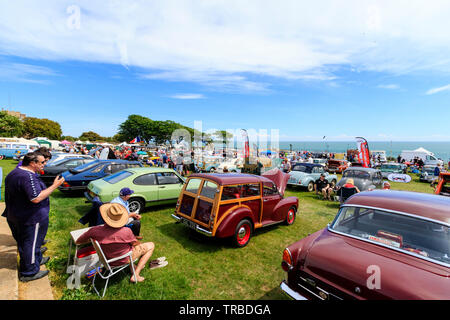 Das 38. Jahr der jährliche Schaufel und Spaten Classic Car Run von Canterbury nach Ramsgate Strandpromenade. Klassische Autos, alte und moderne, in Reihen auf dem Rasen geparkt mit Menschen zu Fuß rund um Ihre Anzeige auf hellen, sonnigen Tag. Stockfoto