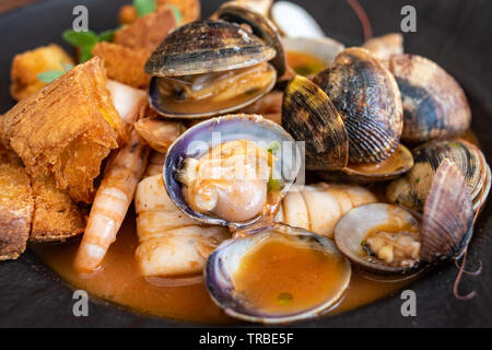 Fischsuppe, typische Meeresfrüchte Gerichte der italienischen Küche. Stockfoto