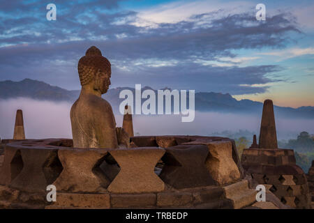 Buddha Statue bei Sonnenaufgang, Borobudur Tempel Komplex, Borobudur, Yogyakarta, Java, Indonesien Stockfoto