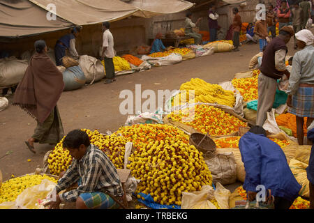 Leute, Kauf und Verkauf von frischen Blumen und Kränze an den Blumenmarkt in Kalkutta, Indien. Stockfoto