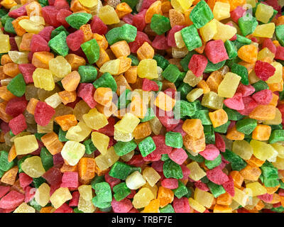Kandierte Früchte cube mix Dessert als Hintergrund Textur Stockfoto