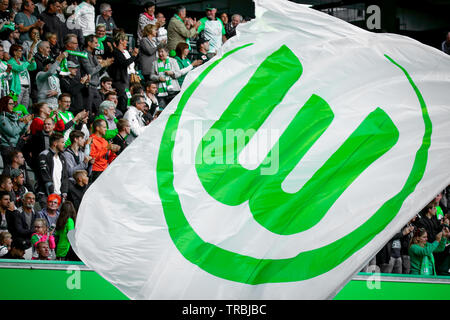 Wolfsburg, Deutschland, 11. August 2018: Flagge rund um den VfL Wolfsburg Fans in der Volkswagen Arena in Wolfsburg. Foto von Michele Morrone. Stockfoto