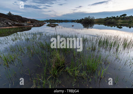 Sonnenuntergang in der natürlichen Umgebung des Barruecos. Malpartida de Cáceres. Der Extremadura. Spanien. Stockfoto