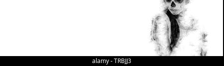 Schwarze und weiße Silhouette der Tag der toten Mädchen mit Sugar Skull Make-up auf weißem Hintergrund Platz kopieren. Digital Bild erzeugt. Freier Speicherplatz für Stockfoto