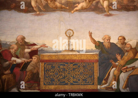 Details. Malerei der Disputation über das Allerheiligste Sakrament. 1509-1510. Raphaël. Zimmer Der segnatura. Vatikan Museum. Rom. Italien. Stockfoto