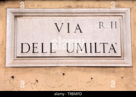 Chemin de l'humilité. Plaque de Rue. Rom. Italie. Stockfoto