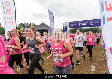 Warrington, Großbritannien. 2. Juni 2019. Rennen für das Leben 2019, Warrington, zugunsten der Krebsforschung. Beim Start eines der Rennen Stockfoto