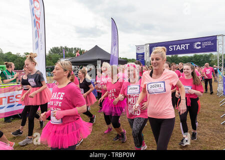 Warrington, Großbritannien. 2. Juni 2019. Rennen für das Leben 2019, Warrington, zugunsten der Krebsforschung. Beim Start eines der Rennen Stockfoto