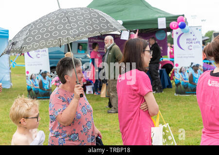 Warrington, Großbritannien. 2. Juni 2019. Rennen für das Leben 2019, Warrington, zugunsten der Krebsforschung. Dame schützt sich mit einem Regenschirm Stockfoto