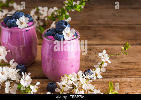 Blueberry Yoghurt oder Joghurt in Gläsern mit frischen Blaubeeren und spring blossom Cherry Blumen auf rustikalen Holztisch serviert. Nach oben Schließen Stockfoto