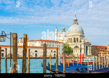 Schöne Aussicht auf den Canal Grande mit historischen Basilika di Santa Maria della Salute im Hintergrund und Gondeln an einem sonnigen Tag in Venedig, Italien Stockfoto