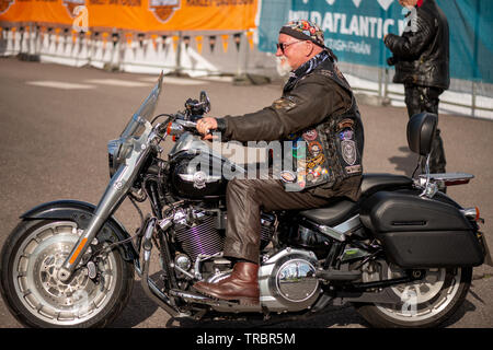 Senior Harley Davidson Rider Biker in brauner Lederjacke und Hose beim Harley Davidson Bike Fest in Killarney, County Kerry, Irland Stockfoto