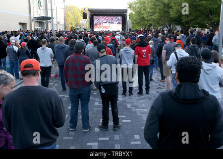 Fans sand Kopf nach unten zu Jurassic Park in der Innenstadt von London Ontario auf der Toronto Raptors für Spiel 2 der NBA Endrunden zu erfreuen. Stockfoto