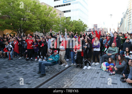 Fans sand Kopf nach unten zu Jurassic Park in der Innenstadt von London Ontario auf der Toronto Raptors für Spiel 2 der NBA Endrunden zu erfreuen. Stockfoto