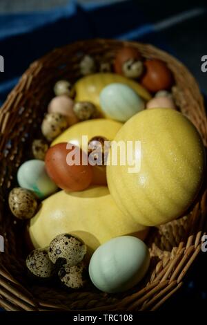 Korb voller verschiedene Eier von nandu, Henne, Araucana, naran oder Wachteln. Stockfoto