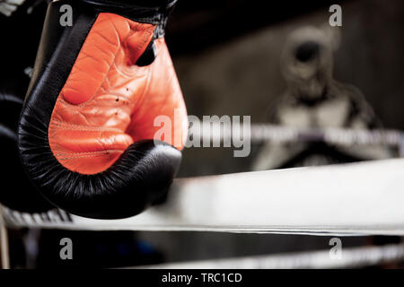 Boxhandschuhe hängen am Seil der Boxring. Stockfoto