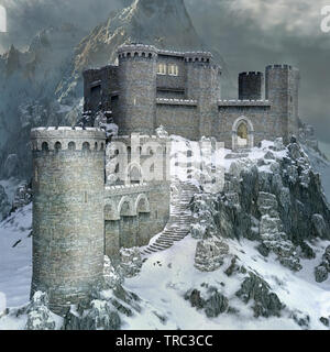 Mittelalterliche Burg in einer Winterlandschaft Stockfoto