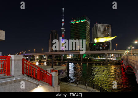 Tokio, Japan, 11. Mai 2019: Sumida River Banken durch die Nacht. Der Großraum Tokio Bereich geordnet als die bevölkerungsreichsten Metropolregion der Welt. Stockfoto