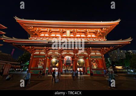 Tokio, Japan, 11. Mai 2019: Senso-ji Tempel in der Nacht. Der Großraum Tokio Bereich geordnet als die bevölkerungsreichsten Metropolregion der Welt. Stockfoto