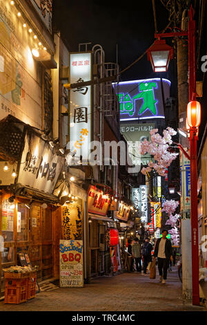 Tokio, Japan, 18. Mai 2019: Kleine Straßen von Shinjuku. Der Großraum Tokio Fläche ist als die bevölkerungsreichsten Metropolregion der Welt. Stockfoto