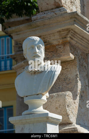 Büste von Christoph Kolumbus im 'El Templete" ein Museum an der Plaza de Armas, Habana Vieja oder Altstadt, Havanna, Kuba Stockfoto