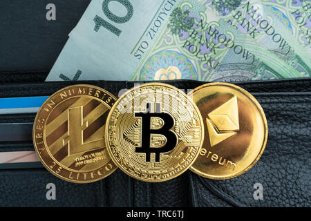 Physische Bitcoin, Litecoin und des Astraleums Goldmünzen mit polnischen Währung (PLN) auf einem schwarzen Stein Schiefer Platte mit Kette. Abstrac Cryptocurrency exchange Stockfoto