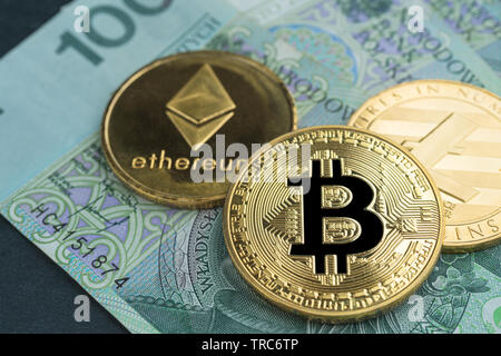 Physische Bitcoin, Litecoin und des Astraleums Goldmünzen mit polnischen Währung (PLN) auf einem schwarzen Stein Schiefer Platte mit Kette. Abstrac Cryptocurrency exchange Stockfoto