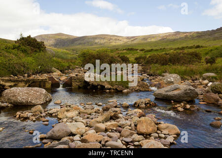 Mahon Fluss schneiden den Weg durch die Felsen in Mahon Tal Comeragh Mountains. County Waterford, Irland. Stockfoto