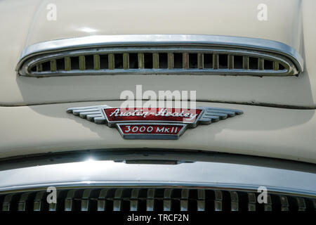 Den vorderen Grill und Emblem einer cremefarbenen Austin Healey 3000 Mk2 Motor Car Stockfoto