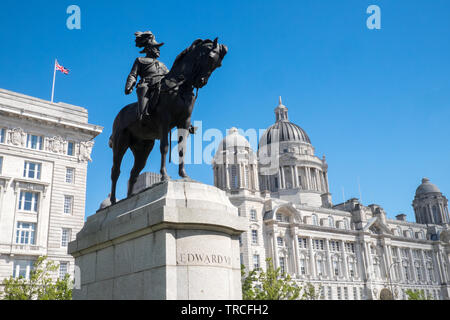 König Edward VII., Pferd, Reitsport, Statue, Pier Head, Waterfont, Liverpool, Merseyside, England, GB, UK, Großbritannien, Britische Stockfoto