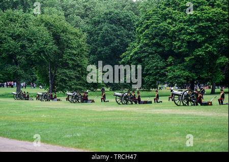 London, Großbritannien. 3 thJune, 2019. Doppelzimmer mit Gewehren. Der King's Troop, Royal Horse artillery Fire 82 Zeit im Green Park, London Credit: Quan Van/Alamy Live Neue Stockfoto